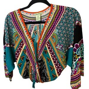 Flying Tomato Mixed Print Boho Paisley Geometric Tie Front Tassel V-Neck Large